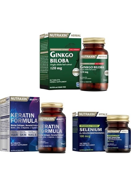Ginkgo Biloba 60 Tablet + Selenium 100 Mcg 100 Tablet + Keratin Formula 60 Tablet