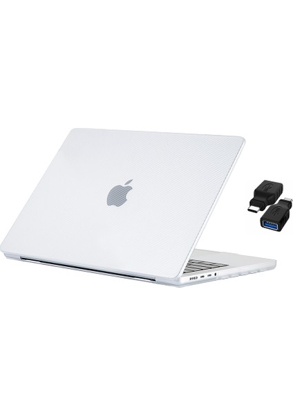 Apple 14" Macbook Pro M1 A2442 Beyaz Carbon Fiber Dizayn Kılıf Koruyucu Kapak+Çevirici