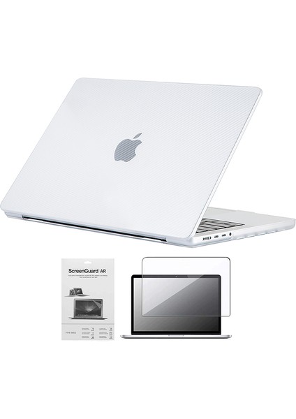 Apple 14" Macbook Pro M1 A2442 Beyaz Carbon Fiber Dizayn Kılıf Koruyucu Kapak+Film