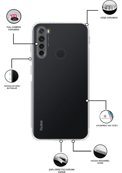 Xiaomi Redmi Note 8 Kapak Tıpalı Kamera Korumalı Şeffaf Premier Kılıf