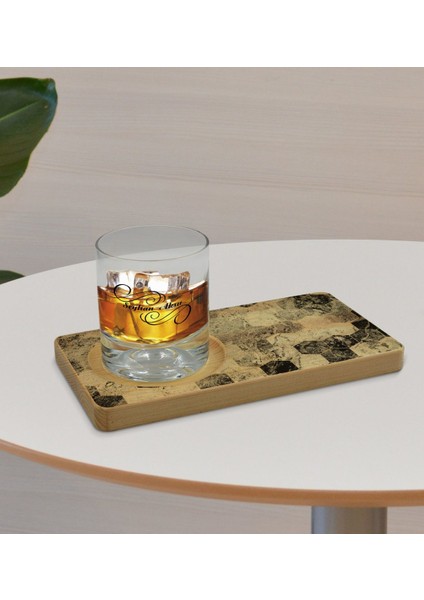 Kişiye Özel Mermer Tasarımlı Doğal Ahşap Tabaklı Viski Bardağı Sunum Seti Model 13 fırsatları