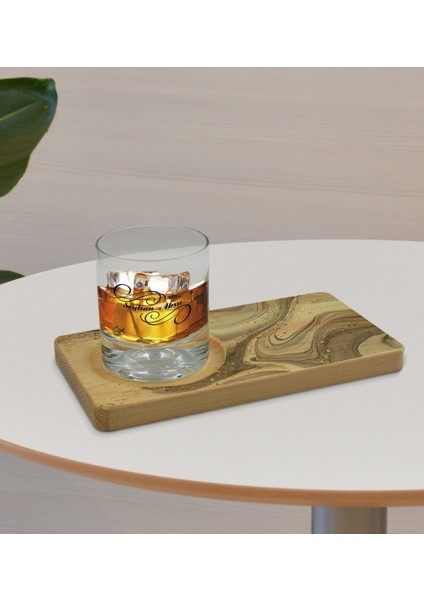 Kişiye Özel Mermer Tasarımlı Doğal Ahşap Tabaklı Viski Bardağı Sunum Seti Model 5 fırsatları
