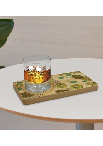 Kişiye Özel Kivi Tasarımlı Doğal Ahşap Tabaklı Viski Bardağı Sunum Seti Model 1 fırsatları