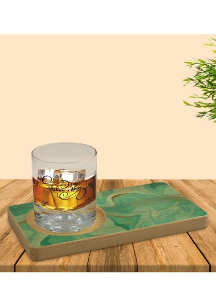 Kişiye Özel Mermer Tasarımlı Doğal Ahşap Tabaklı Viski Bardağı Sunum Seti Model 1