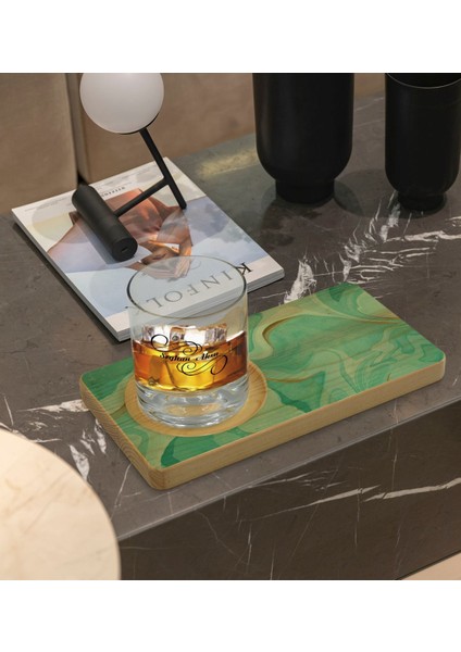 Kişiye Özel Mermer Tasarımlı Doğal Ahşap Tabaklı Viski Bardağı Sunum Seti Model 1 fiyatları