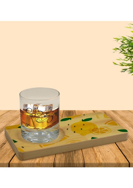 Kişiye Özel Limon Tasarımlı Doğal Ahşap Tabaklı Viski Bardağı Sunum Seti Model 1