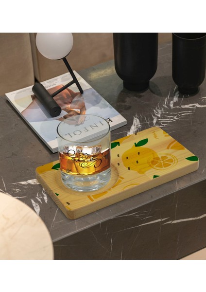 Kişiye Özel Limon Tasarımlı Doğal Ahşap Tabaklı Viski Bardağı Sunum Seti Model 1