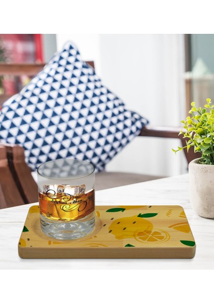Kişiye Özel Limon Tasarımlı Doğal Ahşap Tabaklı Viski Bardağı Sunum Seti Model 1