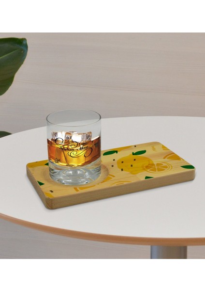 Kişiye Özel Limon Tasarımlı Doğal Ahşap Tabaklı Viski Bardağı Sunum Seti Model 1