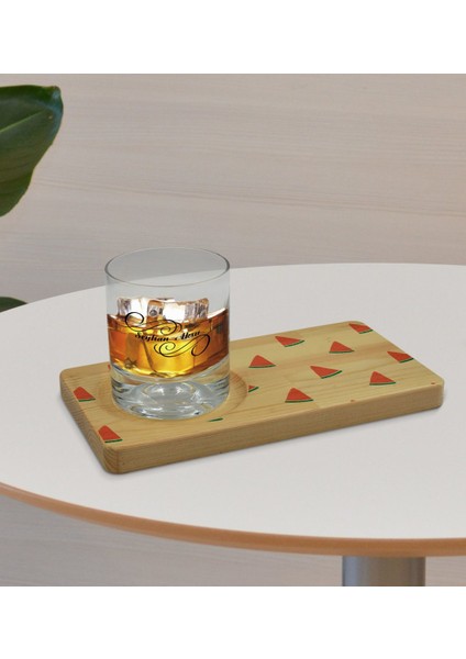 Kişiye Özel Karpuz Tasarımlı Doğal Ahşap Tabaklı Viski Bardağı Sunum Seti Model 1 fırsatları