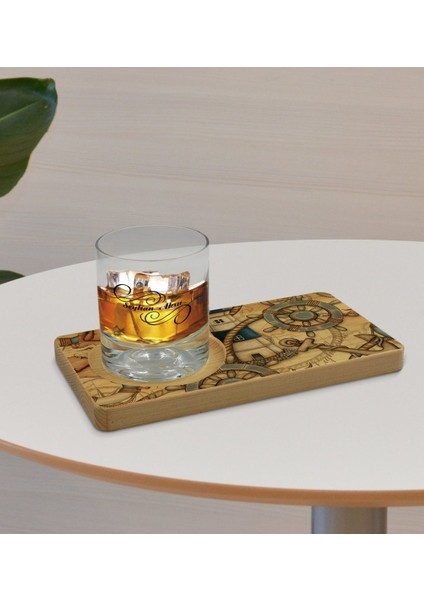 Kişiye Özel Denizcilik Tasarımlı Doğal Ahşap Tabaklı Viski Bardağı Sunum Seti Model 2 fırsatları