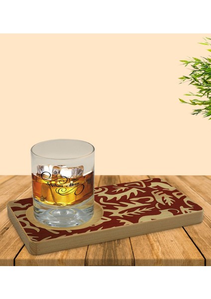 Kişiye Özel Retro Motif Tasarımlı Doğal Ahşap Tabaklı Viski Bardağı Sunum Seti Model 2