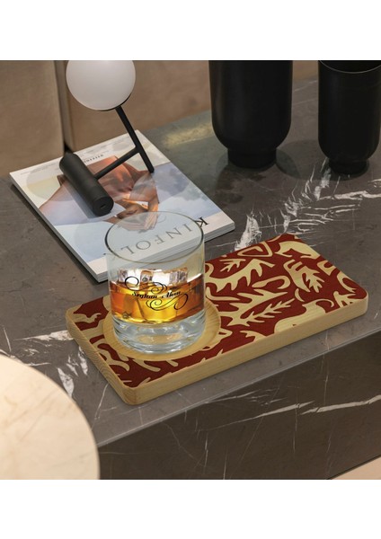 Kişiye Özel Retro Motif Tasarımlı Doğal Ahşap Tabaklı Viski Bardağı Sunum Seti Model 2