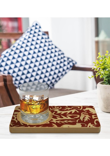 Kişiye Özel Retro Motif Tasarımlı Doğal Ahşap Tabaklı Viski Bardağı Sunum Seti Model 2