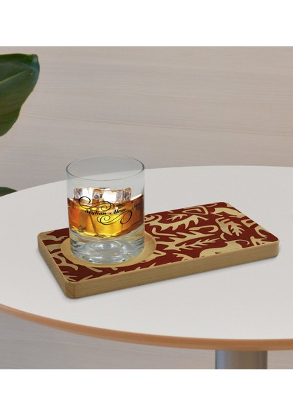 Kişiye Özel Retro Motif Tasarımlı Doğal Ahşap Tabaklı Viski Bardağı Sunum Seti Model 2