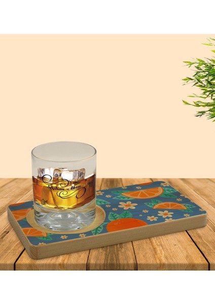 Kişiye Özel Portakal Tasarımlı Doğal Ahşap Tabaklı Viski Bardağı Sunum Seti Model 1