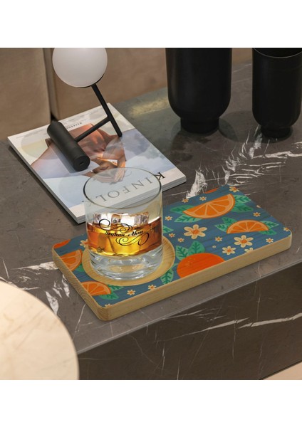 Kişiye Özel Portakal Tasarımlı Doğal Ahşap Tabaklı Viski Bardağı Sunum Seti Model 1 fiyatları