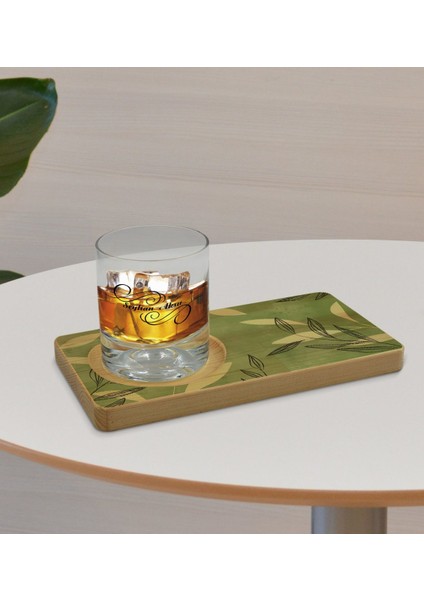 Kişiye Özel Yapraklar Tasarımlı Doğal Ahşap Tabaklı Viski Bardağı Sunum Seti Model 8