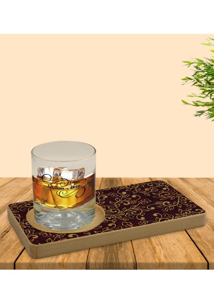 Kişiye Özel Retro Motif Tasarımlı Doğal Ahşap Tabaklı Viski Bardağı Sunum Seti Model 13