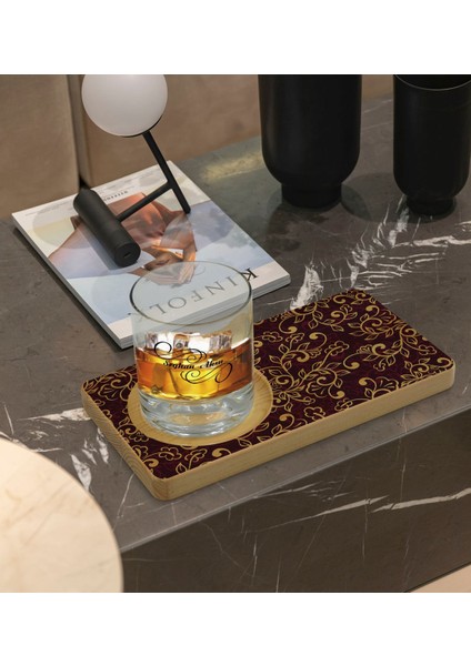 Kişiye Özel Retro Motif Tasarımlı Doğal Ahşap Tabaklı Viski Bardağı Sunum Seti Model 13