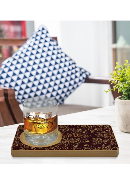Kişiye Özel Retro Motif Tasarımlı Doğal Ahşap Tabaklı Viski Bardağı Sunum Seti Model 13