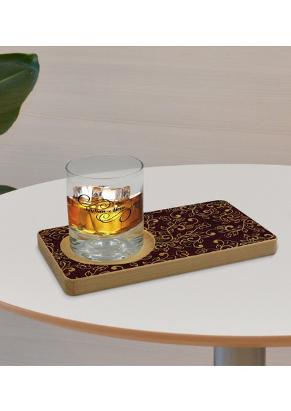 Kişiye Özel Retro Motif Tasarımlı Doğal Ahşap Tabaklı Viski Bardağı Sunum Seti Model 13