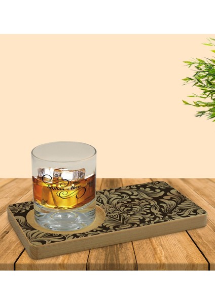 Kişiye Özel Retro Motif Tasarımlı Doğal Ahşap Tabaklı Viski Bardağı Sunum Seti Model 6