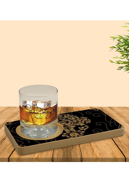 Kişiye Özel Retro Motif Tasarımlı Doğal Ahşap Tabaklı Viski Bardağı Sunum Seti Model 10