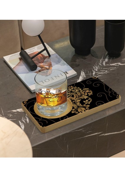 Kişiye Özel Retro Motif Tasarımlı Doğal Ahşap Tabaklı Viski Bardağı Sunum Seti Model 10 fiyatları
