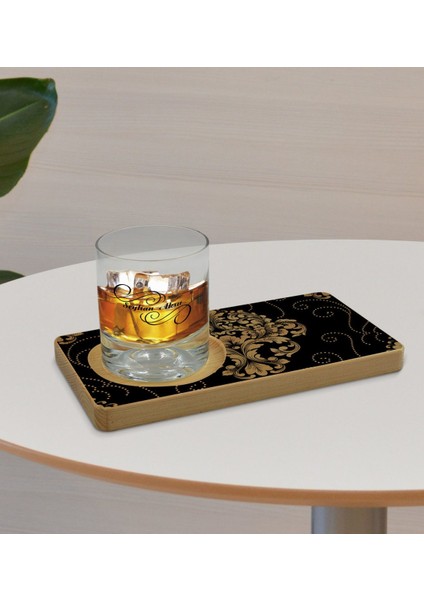 Kişiye Özel Retro Motif Tasarımlı Doğal Ahşap Tabaklı Viski Bardağı Sunum Seti Model 10 fırsatları