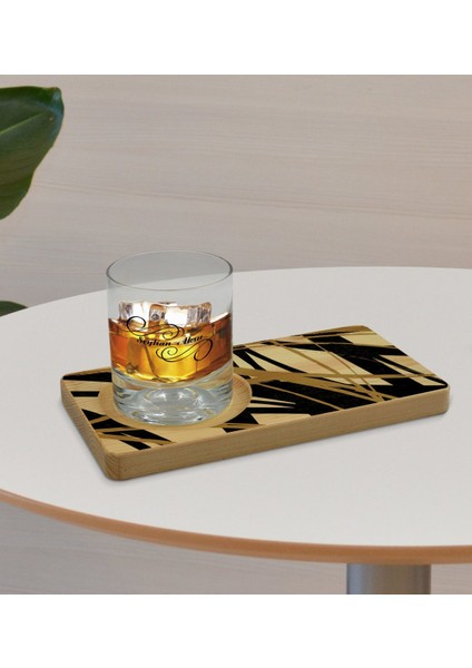 Kişiye Özel Modern Art Tasarımlı Doğal Ahşap Tabaklı Viski Bardağı Sunum Seti Model 16