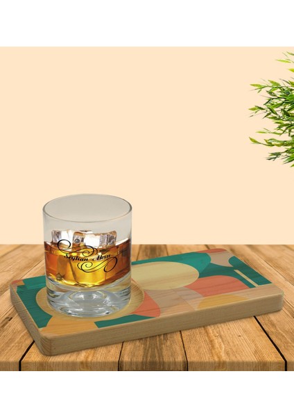 Kişiye Özel Modern Art Tasarımlı Doğal Ahşap Tabaklı Viski Bardağı Sunum Seti Model 10