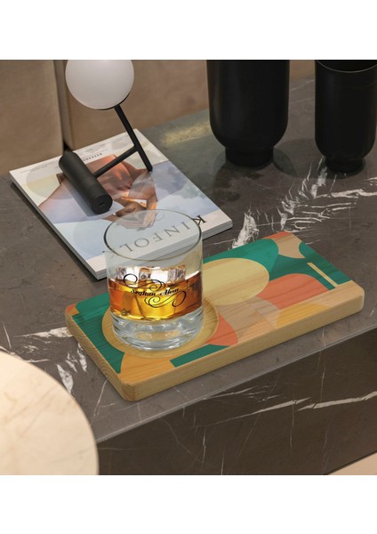 Kişiye Özel Modern Art Tasarımlı Doğal Ahşap Tabaklı Viski Bardağı Sunum Seti Model 10