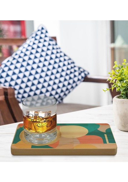 Kişiye Özel Modern Art Tasarımlı Doğal Ahşap Tabaklı Viski Bardağı Sunum Seti Model 10