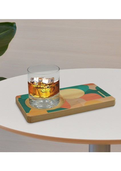 Kişiye Özel Modern Art Tasarımlı Doğal Ahşap Tabaklı Viski Bardağı Sunum Seti Model 10
