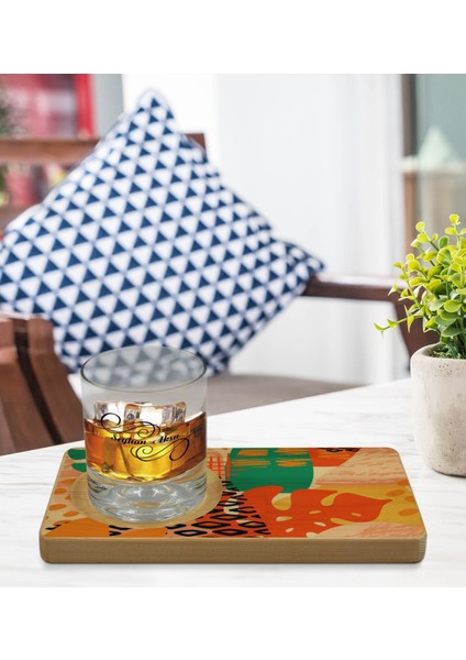 Kişiye Özel Modern Art Tasarımlı Doğal Ahşap Tabaklı Viski Bardağı Sunum Seti Model 3 modelleri