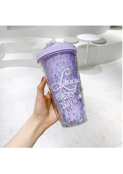Saman ve Kapaklı Yetişkinler İçin Seyahat Bardakları Su Şişesi Seyahat Buz Kullanımlık Plastik Kupası (Glitter Mor) (Yurt Dışından)