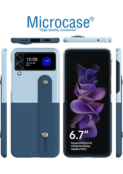 Samsung Galaxy Z Flip 3 Parmak Tutuculu Deri Desen Plastik Kılıf - Lacivert-Turkuaz modelleri