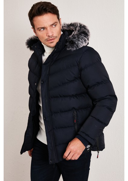 Slim Fit Suni Kürklü Peluş Astarlı Çıkarılabilir Kapüşonlu Şişme Mont Erkek Mont 5761080 B