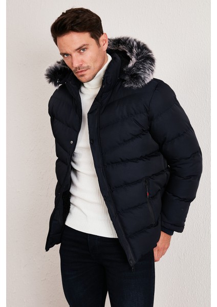Slim Fit Suni Kürklü Peluş Astarlı Çıkarılabilir Kapüşonlu Şişme Mont Erkek Mont 5761080 B fiyatları