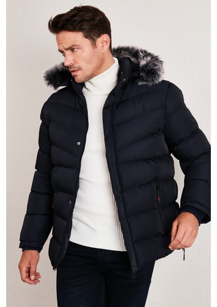 Slim Fit Suni Kürklü Peluş Astarlı Çıkarılabilir Kapüşonlu Şişme Mont Erkek Mont 5761080 B fırsatları