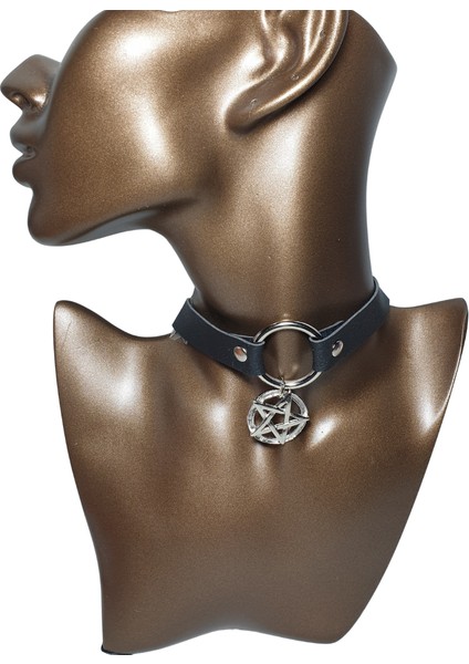 Halkalı Yıldız Figürlü Gotik Suni Deri Choker