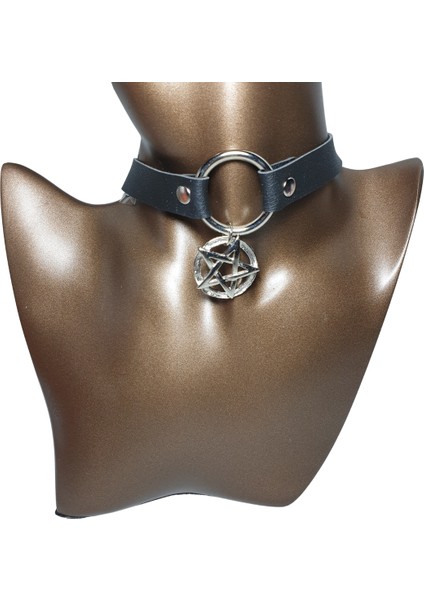 Halkalı Yıldız Figürlü Gotik Suni Deri Choker