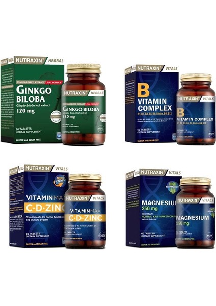 Ginkgo Biloba 60 Tablet +Vitamin Max(C,d,zinc)+ B Vitamin Complex +Magnezyum