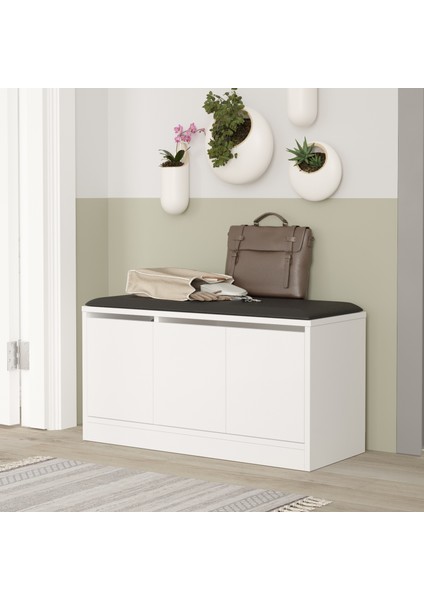 Comfort Puflu Minderli Oturaklı Ayakkabılık 3 Kapaklı Dolap 90CM Beyaz