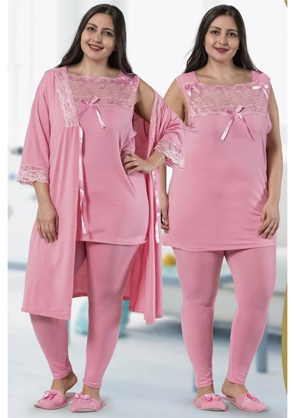 Kadın Sabahlıklı Büyük Beden 3'lü Pijama Takım
