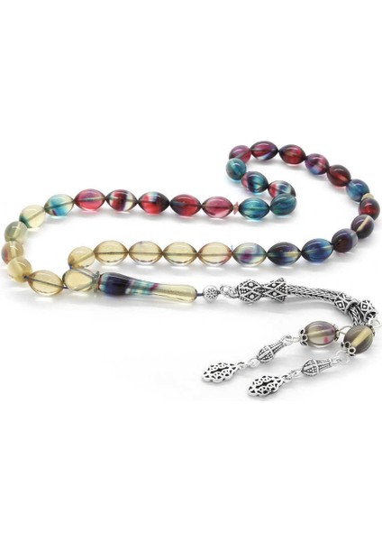 925 Ayar Gümüş Çift Püsküllü Arpa Kesim Süzme Bonibon Ateş Kehribar Tesbih