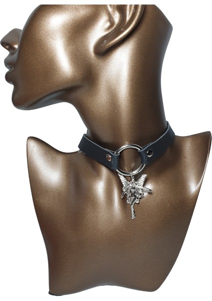 Halkalı Melek Figürlü Fairycore Gotik Suni Deri Choker