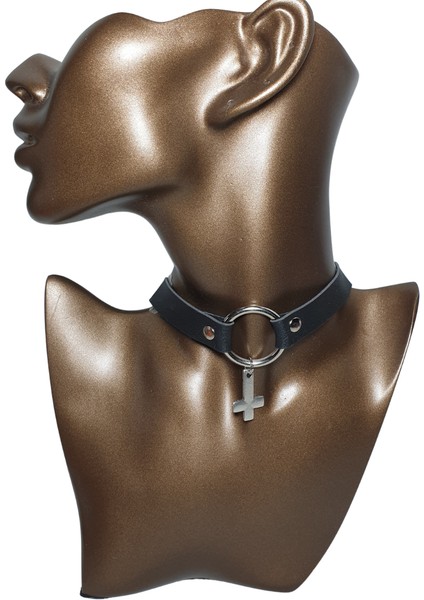 Halkalı Haç Figürlü Gotik Suni Deri Choker