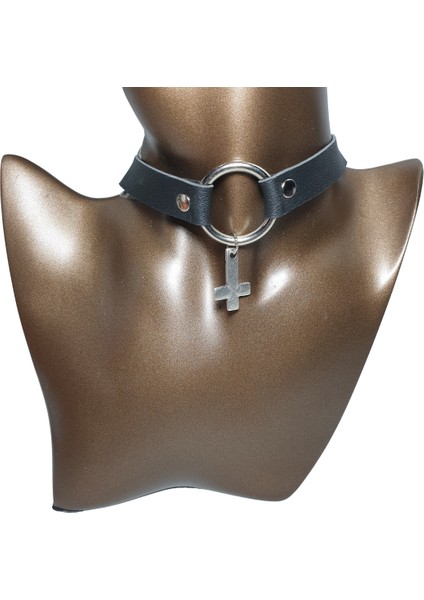 Halkalı Haç Figürlü Gotik Suni Deri Choker fiyatları